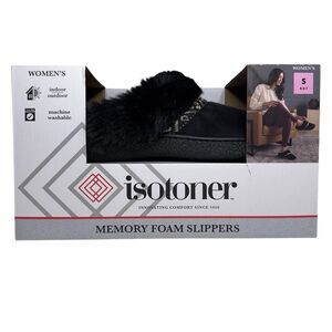 Isotoner Women’s Memory Foam Slippers Black Faux Fur Size S 6.5–7 NIB NEW In Box